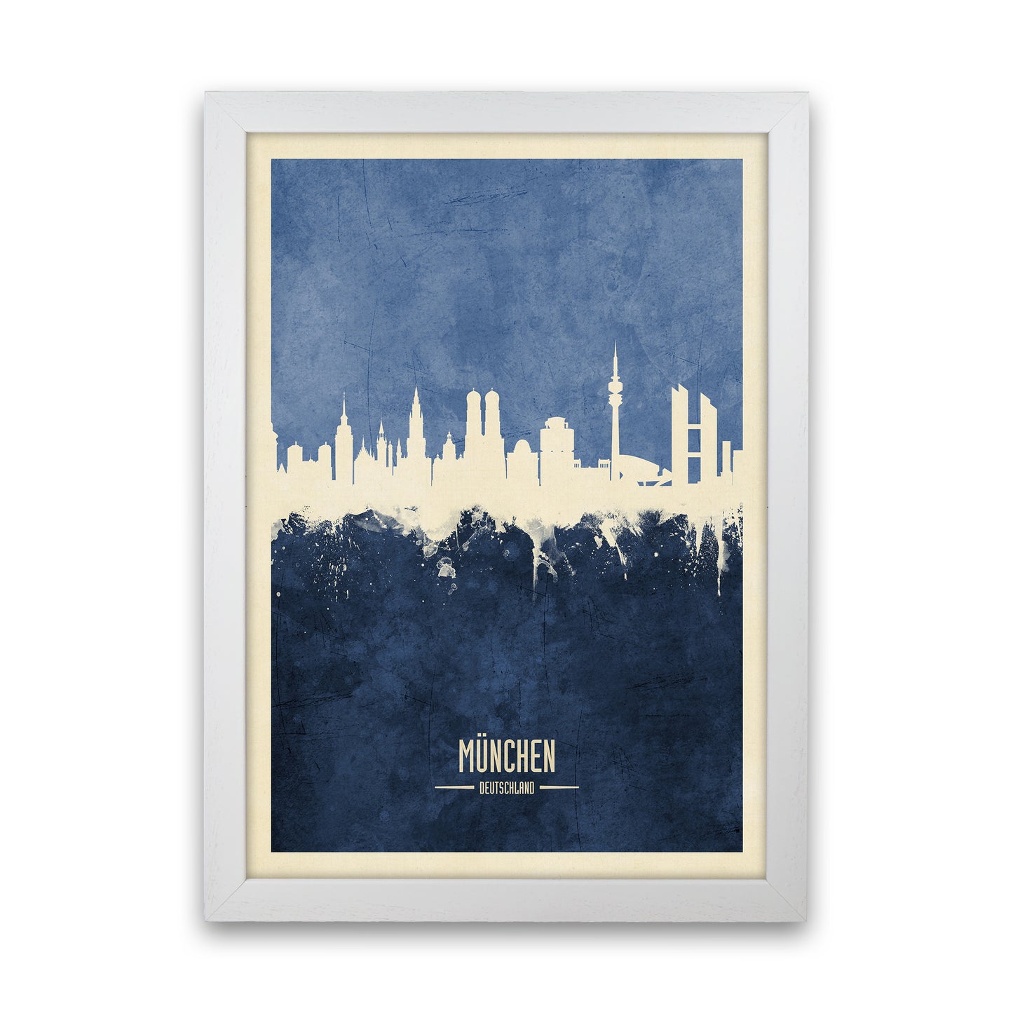 Munich Germany Skyline Portrait Navy Art Print by Michael Tompsett White Grain