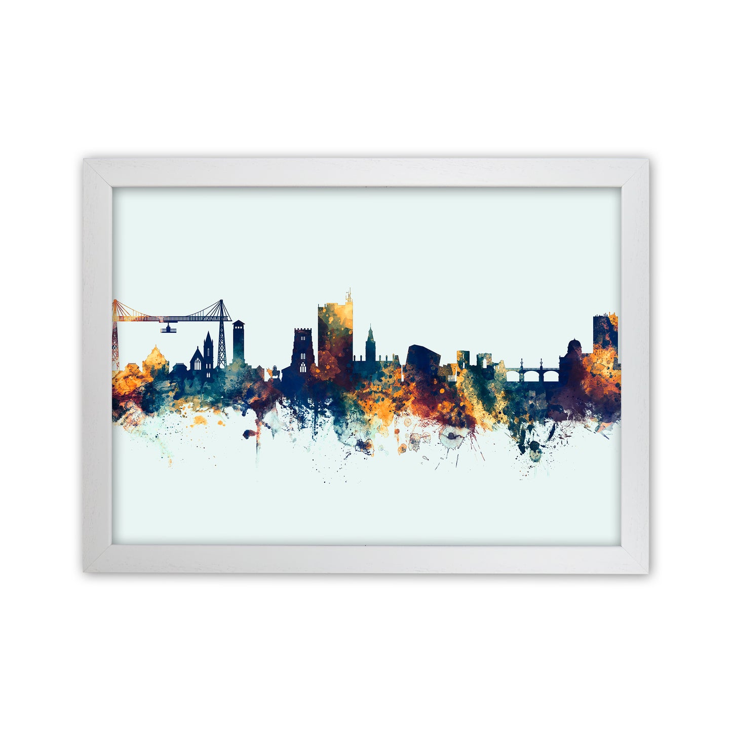 Newport Wales Skyline Blue Orange Art Print by Michael Tompsett White Grain