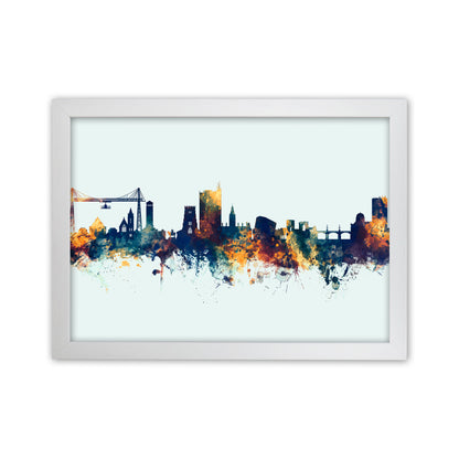 Newport Wales Skyline Blue Orange Art Print by Michael Tompsett White Grain