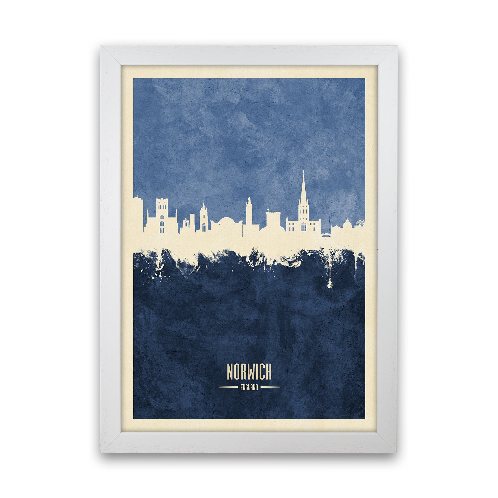Norwich England Skyline Portrait Navy Art Print by Michael Tompsett White Grain