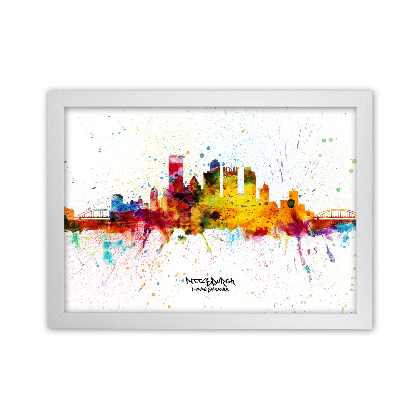 Pittsburgh Pennsylvania Skyline Splash Art Print by Michael Tompsett White Grain