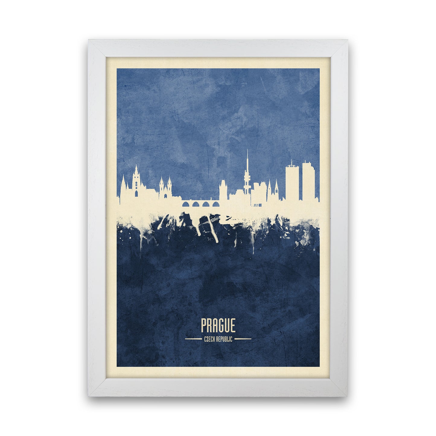 Prague Czech Republic Skyline Portrait Navy Art Print by Michael Tompsett White Grain