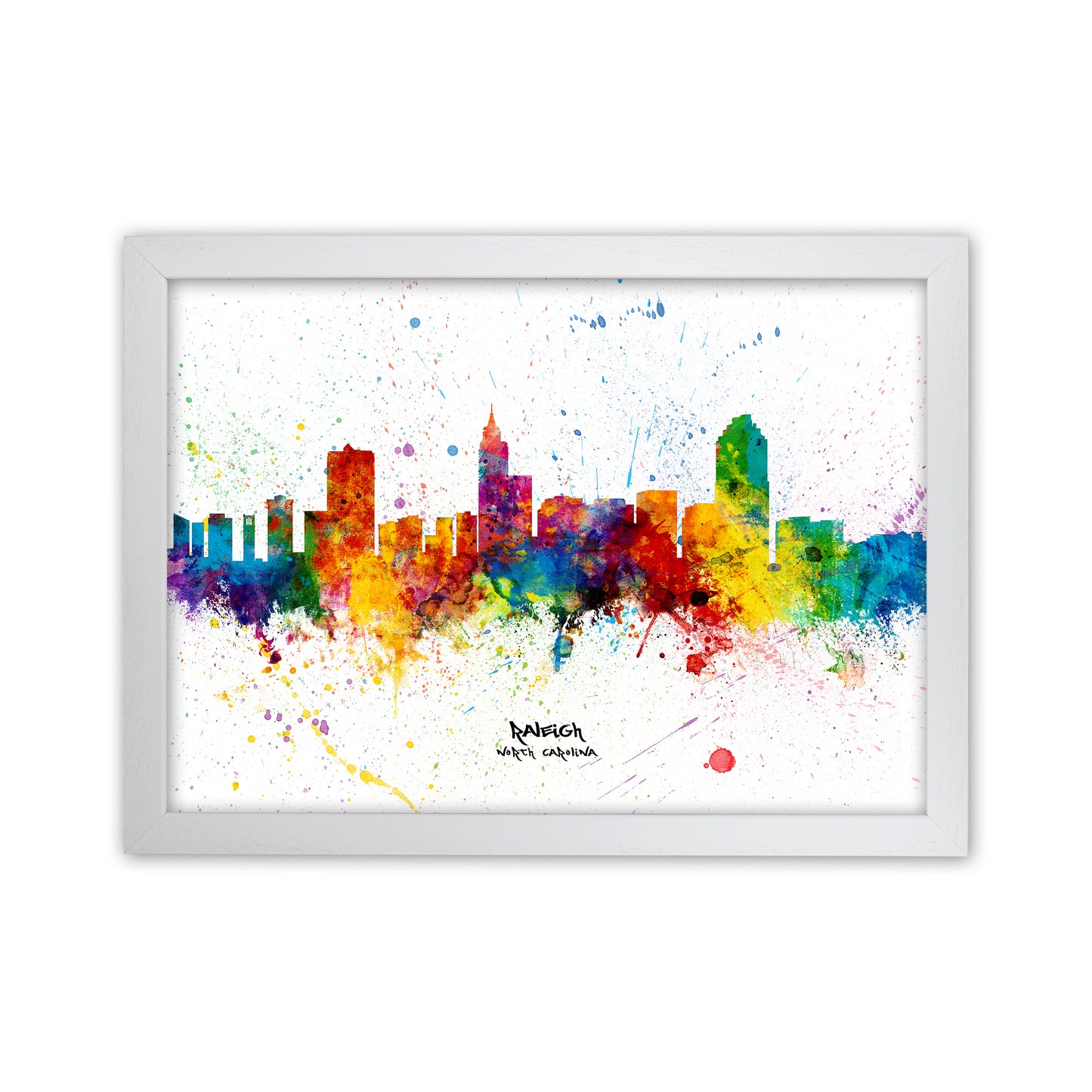 Raleigh North Carolina Skyline Splash Art Print by Michael Tompsett White Grain