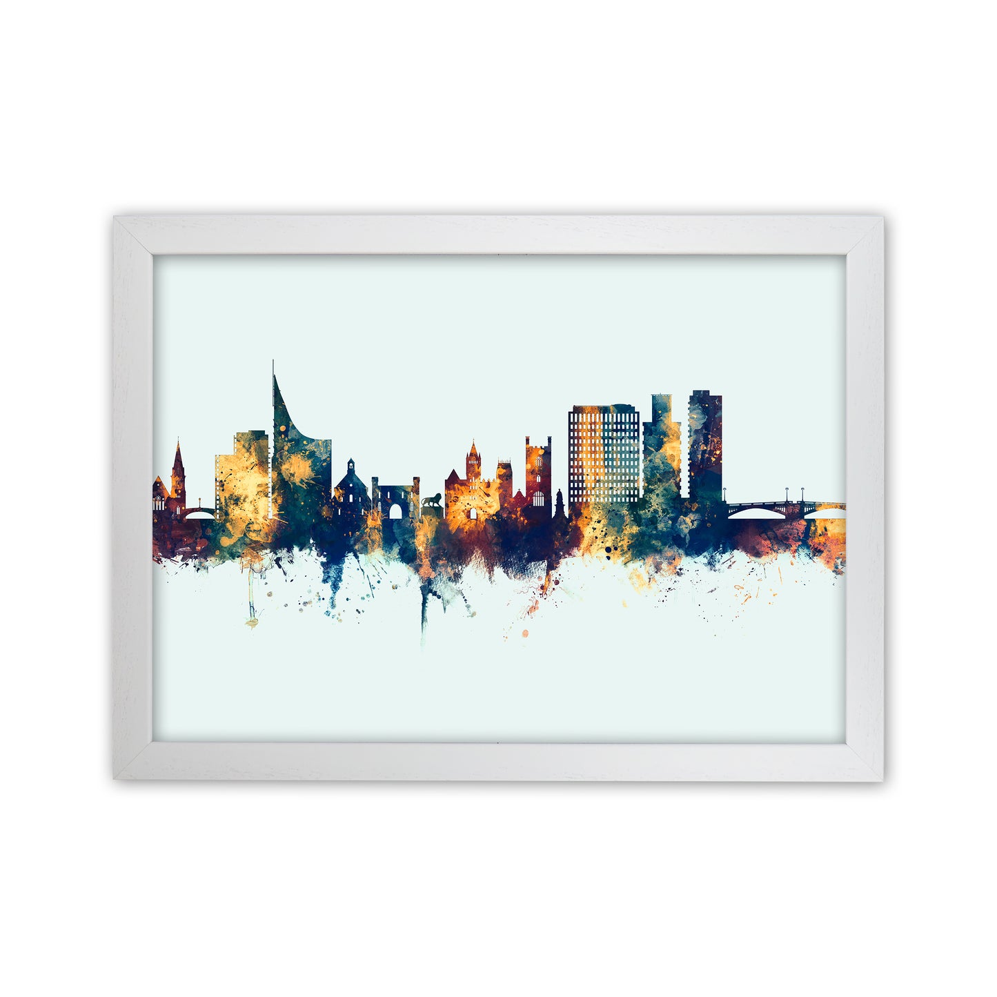 Reading England Skyline Blue Orange Art Print by Michael Tompsett White Grain