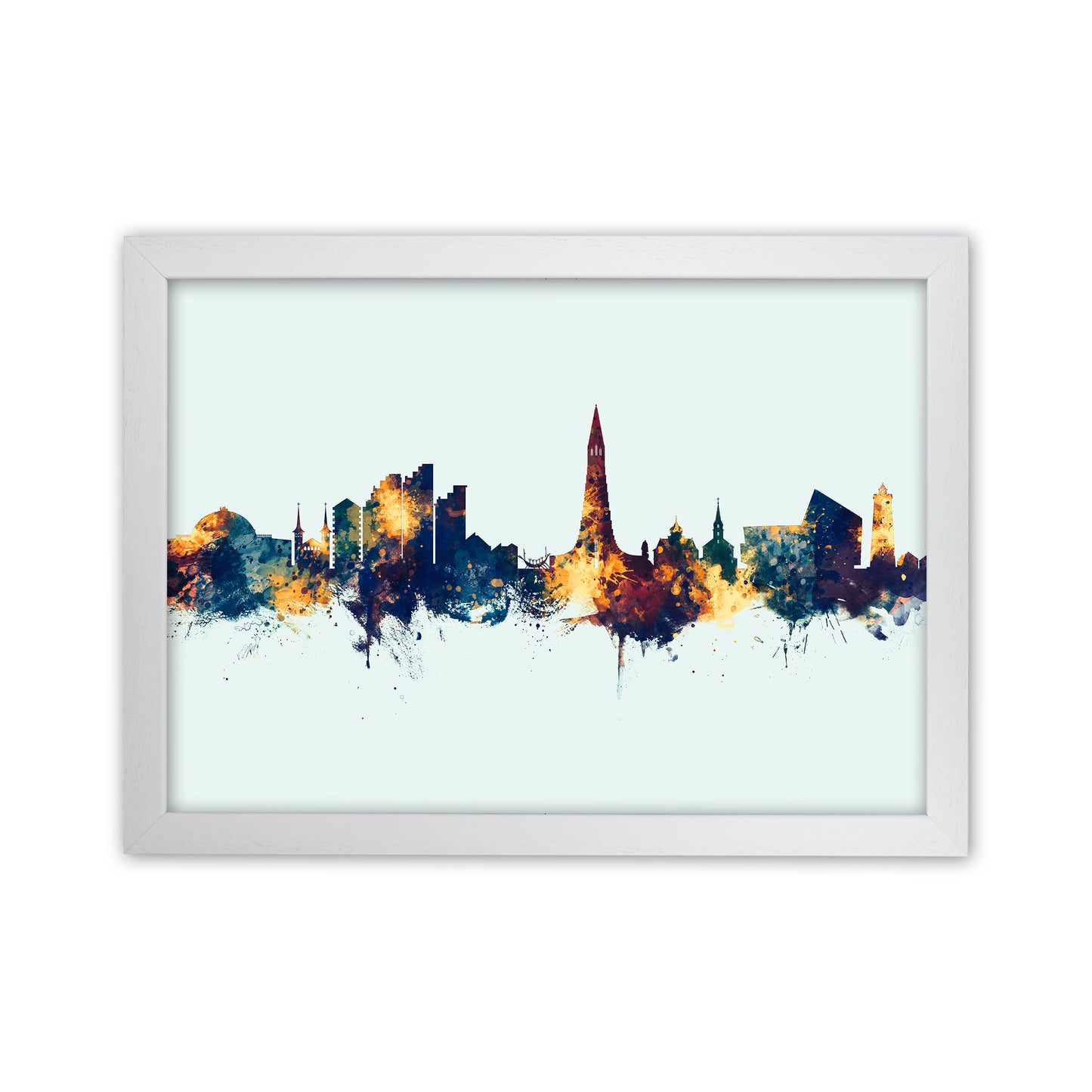 Reykjavik Iceland Skyline Blue Orange Art Print by Michael Tompsett White Grain