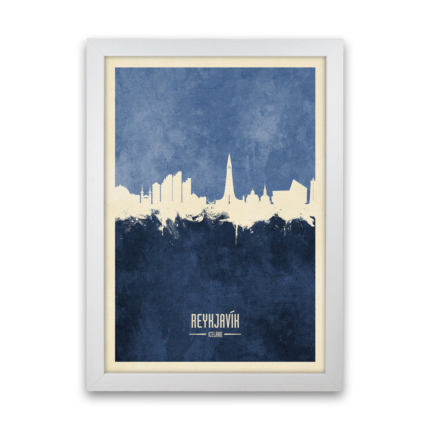 Reykjavik Iceland Skyline Portrait Navy Art Print by Michael Tompsett White Grain