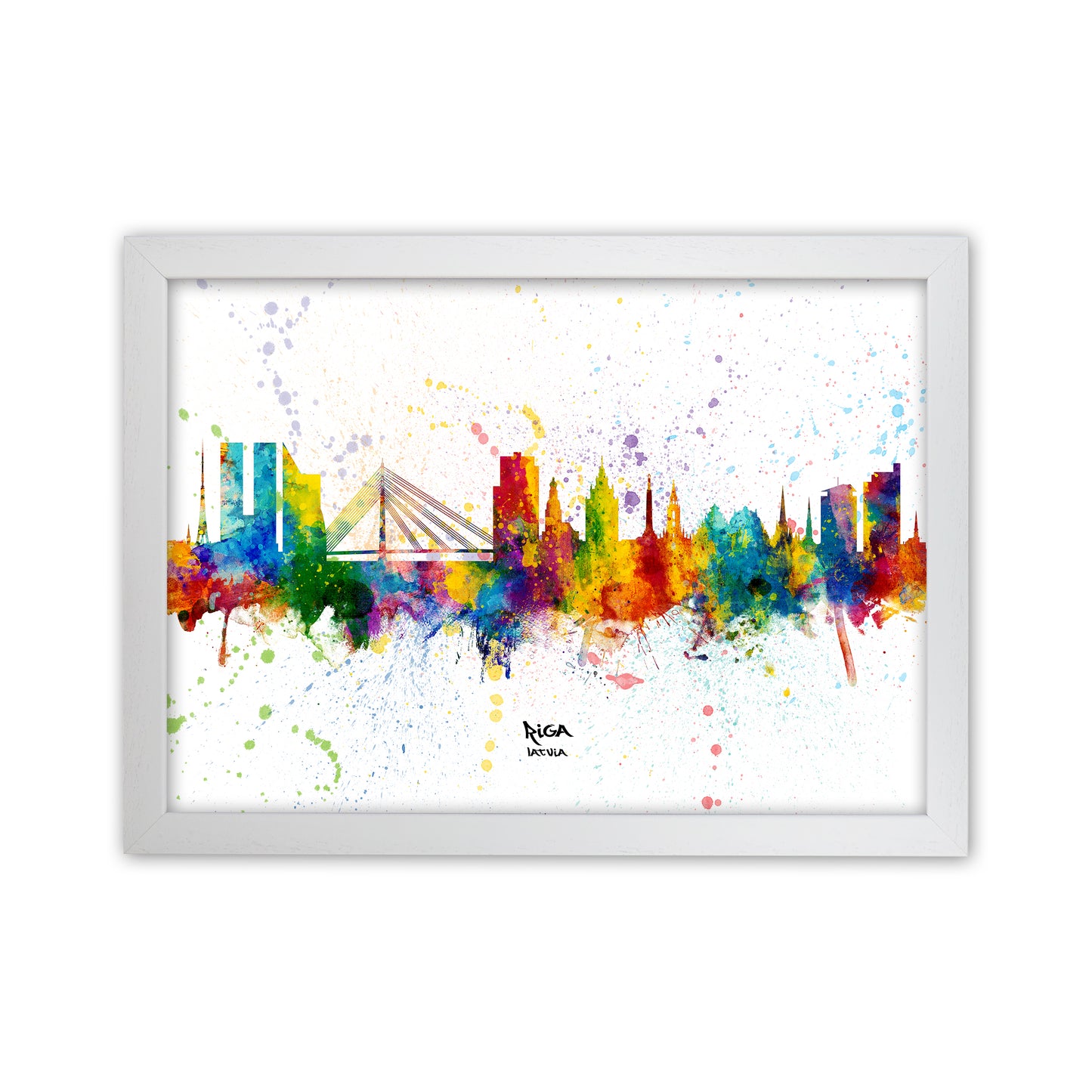 Riga Latvia Skyline Splash Art Print by Michael Tompsett White Grain