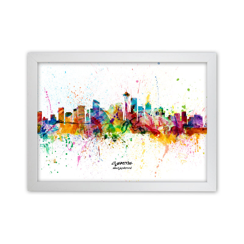 Seattle Washington Skyline Splash Art Print by Michael Tompsett White Grain