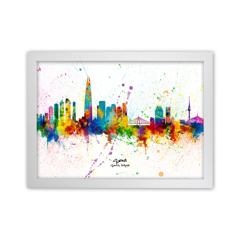 Seoul South Korea Skyline Splash Art Print by Michael Tompsett White Grain