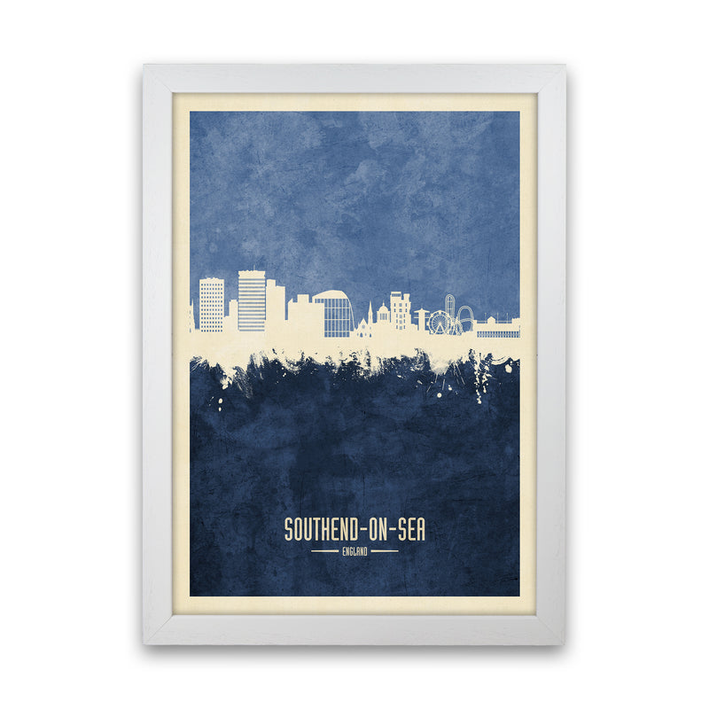Southend-On-Sea England Skyline Portrait Navy Art Print by Michael Tompsett White Grain