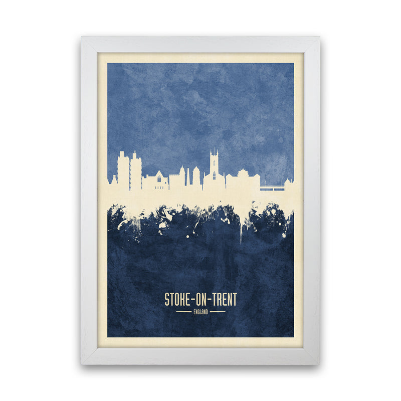 Stoke-On-Trent England Skyline Portrait Navy Art Print by Michael Tompsett White Grain