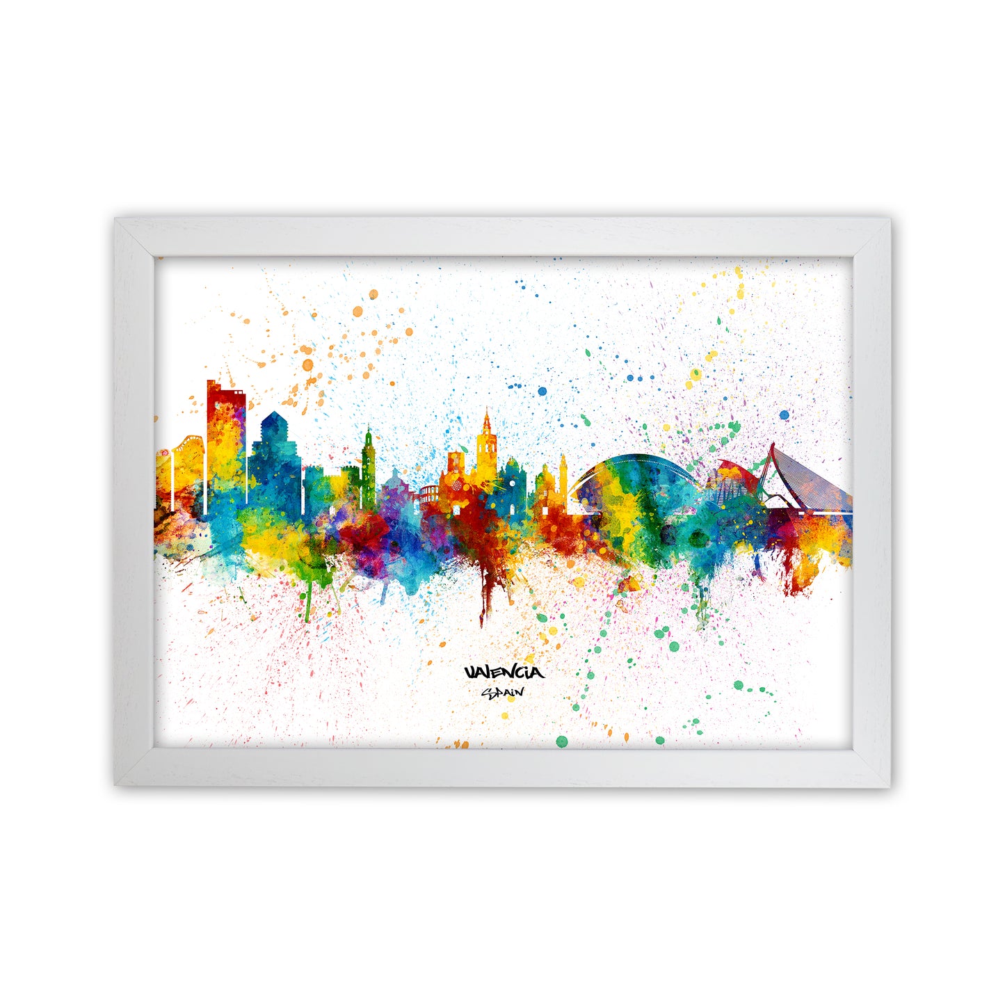 Valencia Spain Skyline Splash Art Print by Michael Tompsett White Grain