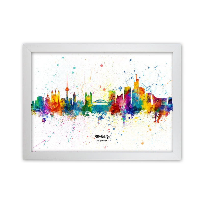 Vilnius Lithuania Skyline Splash Art Print by Michael Tompsett White Grain