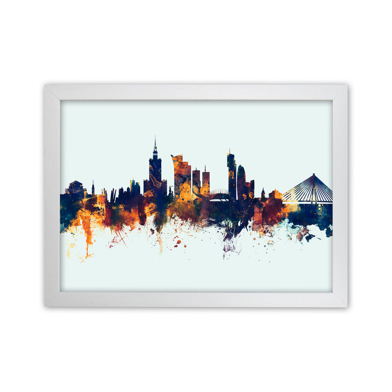 Warsaw Poland Skyline Blue Orange Art Print by Michael Tompsett White Grain
