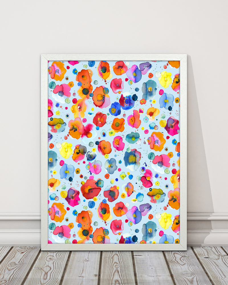 Bohemian Naive Flowers Blue Abstract Art Print by Ninola Design