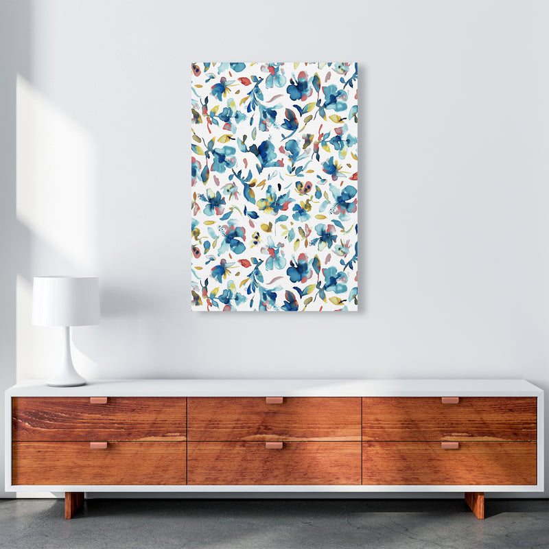 Watery Hibiscus Blue Gold Abstract Art Print by Ninola Design A1 Canvas