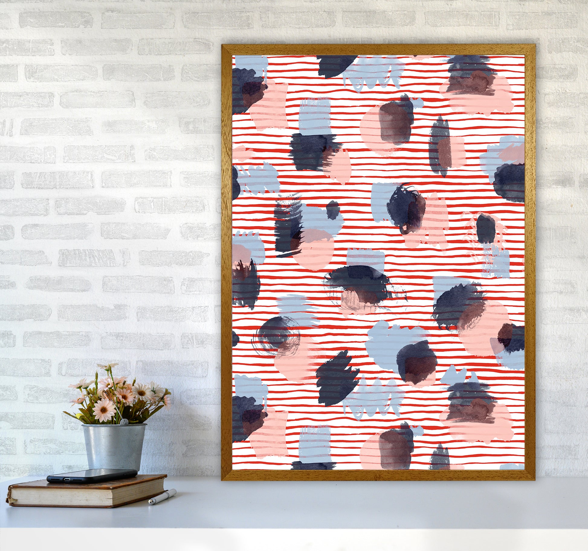 Watercolor Stains Stripes Red Abstract Art Print by Ninola Design A1 Print Only