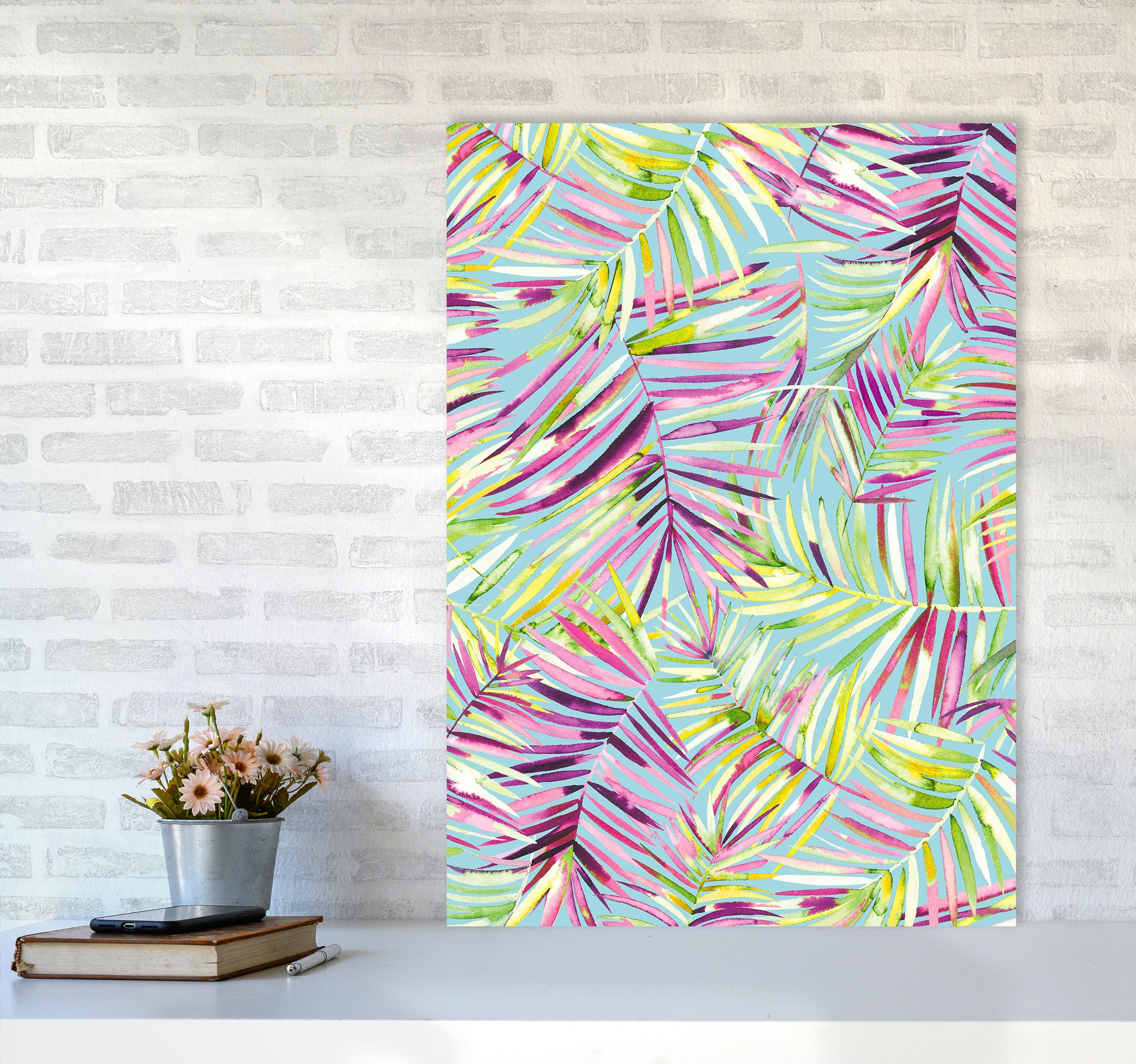 Tropical Palms Blue Abstract Art Print by Ninola Design A1 Black Frame