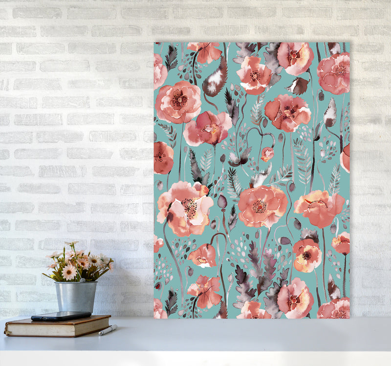 Poppies Red Green Abstract Art Print by Ninola Design A1 Black Frame