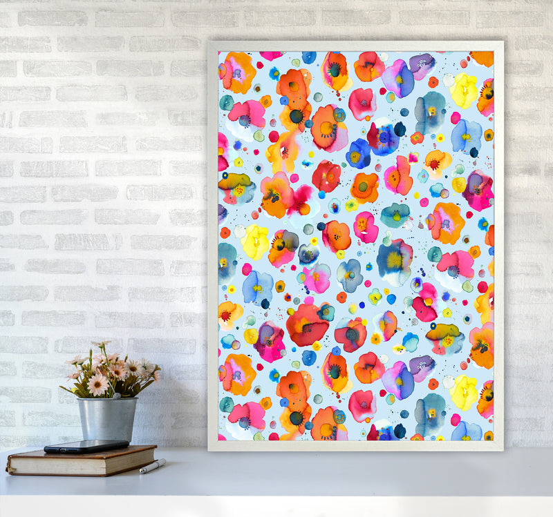 Bohemian Naive Flowers Blue Abstract Art Print by Ninola Design A1 Oak Frame