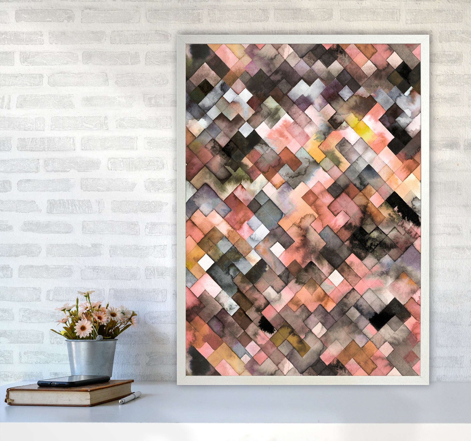 Moody Geometry Rustic Brown Abstract Art Print by Ninola Design A1 Oak Frame