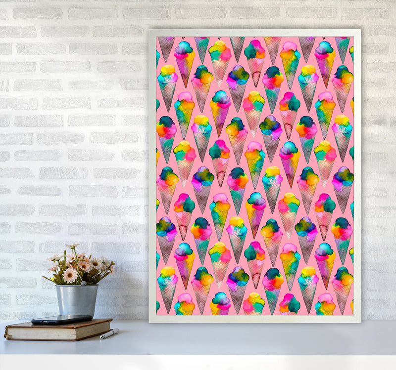 Cute Ice Creams Kids Pink Abstract Art Print by Ninola Design A1 Oak Frame