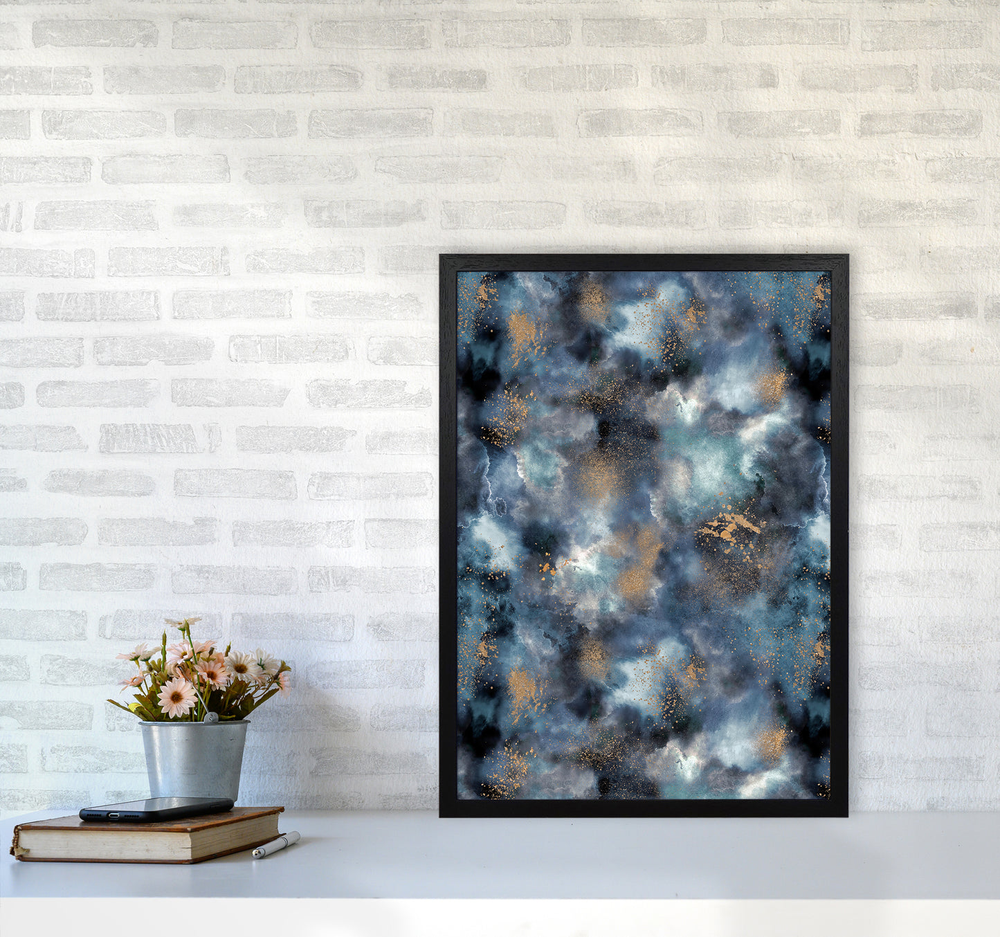 Smoky Marble Watercolor Dark Abstract Art Print by Ninola Design A2 White Frame