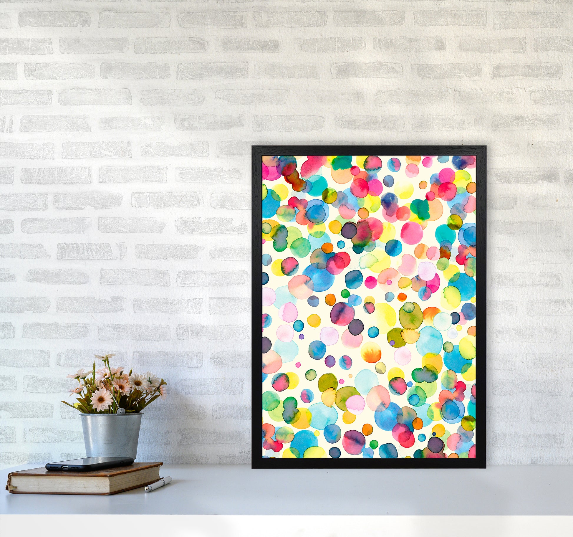 Watercolor Colorful Drops Abstract Art Print by Ninola Design A2 White Frame