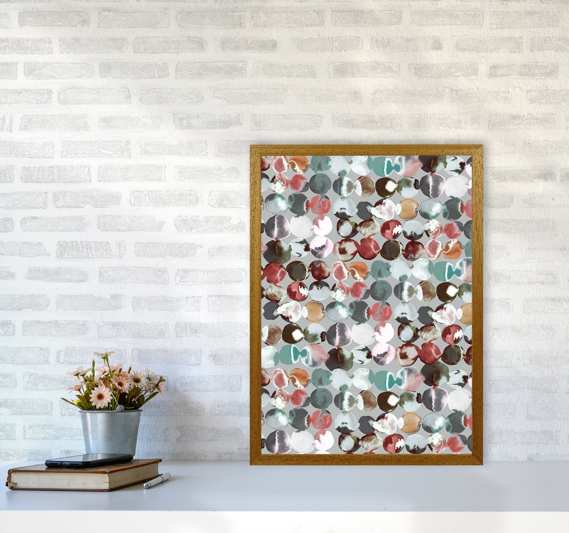 Ink Dots Gray Green Abstract Art Print by Ninola Design A2 Print Only