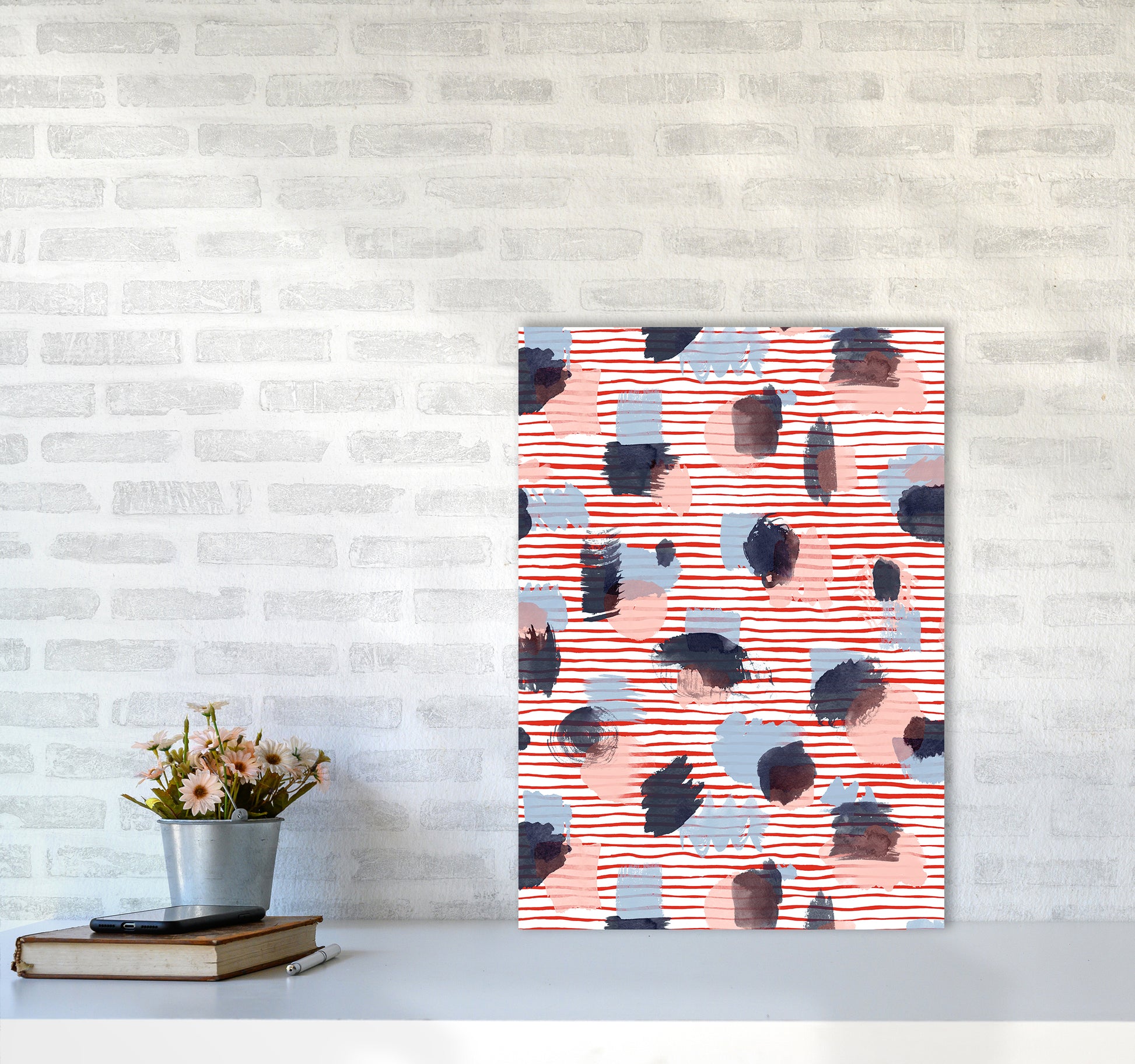 Watercolor Stains Stripes Red Abstract Art Print by Ninola Design A2 Black Frame