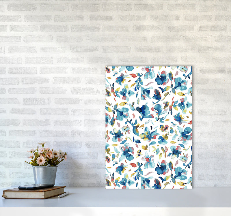 Watery Hibiscus Blue Gold Abstract Art Print by Ninola Design A2 Black Frame