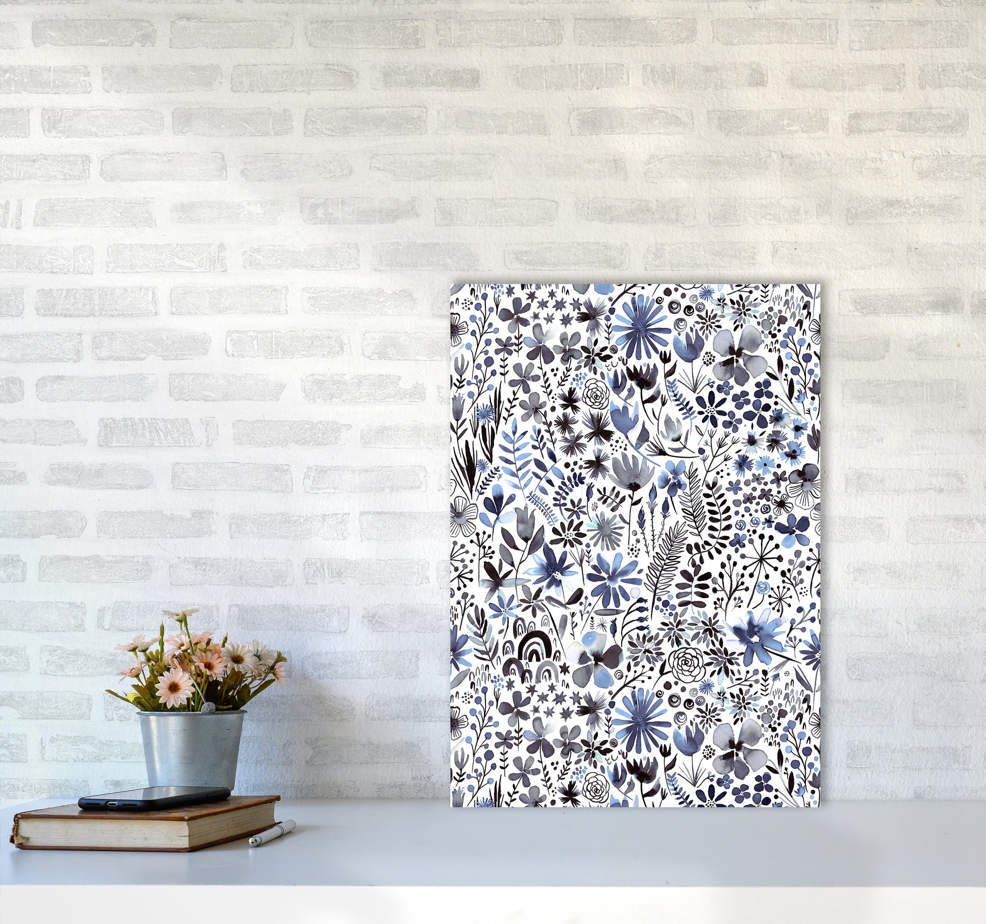 Winter Ink Flowers Abstract Art Print by Ninola Design A2 Black Frame