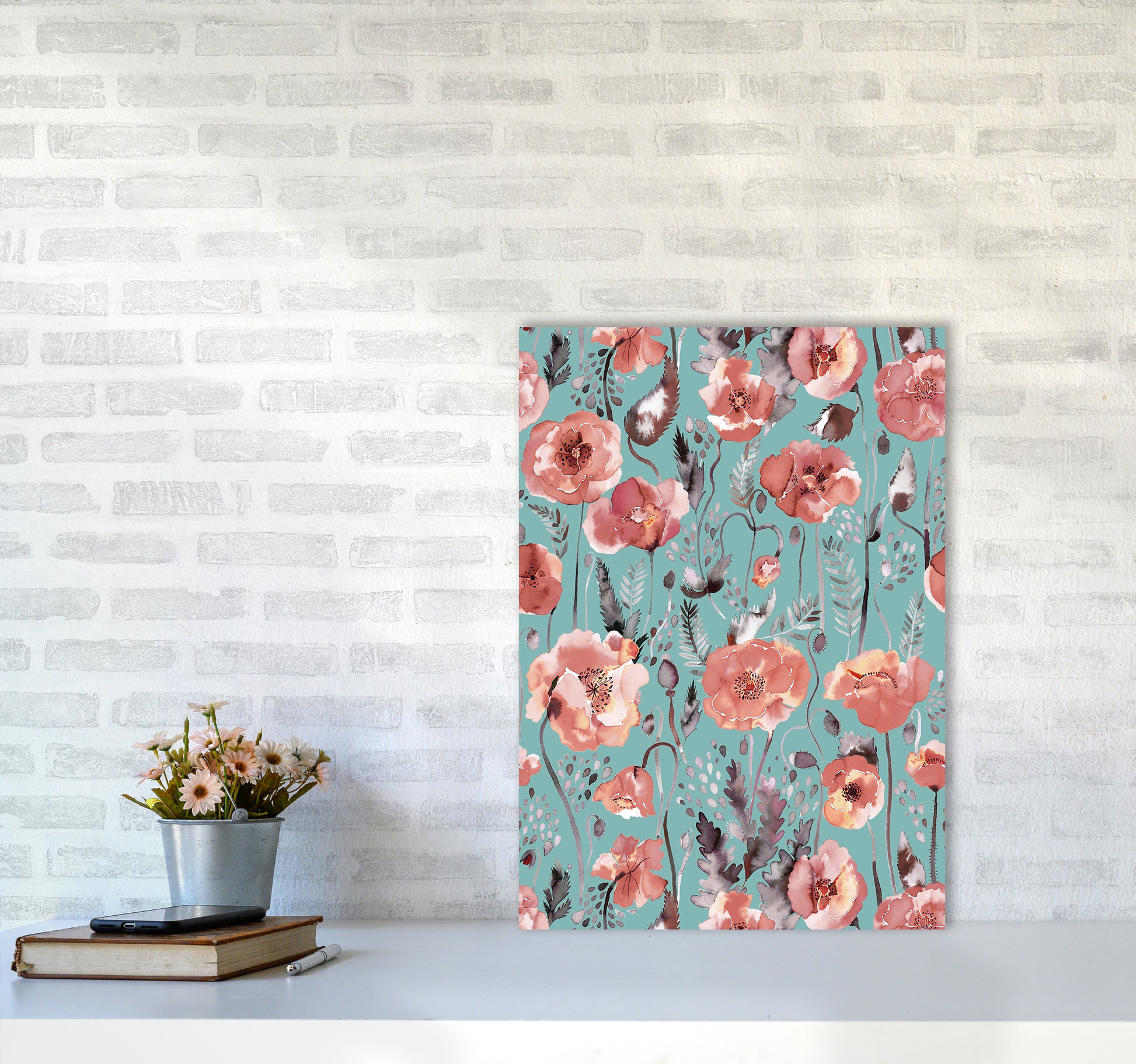 Poppies Red Green Abstract Art Print by Ninola Design A2 Black Frame
