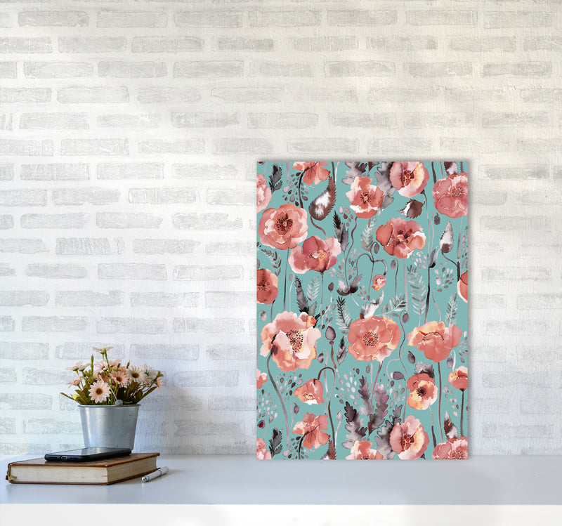 Poppies Red Green Abstract Art Print by Ninola Design A2 Black Frame