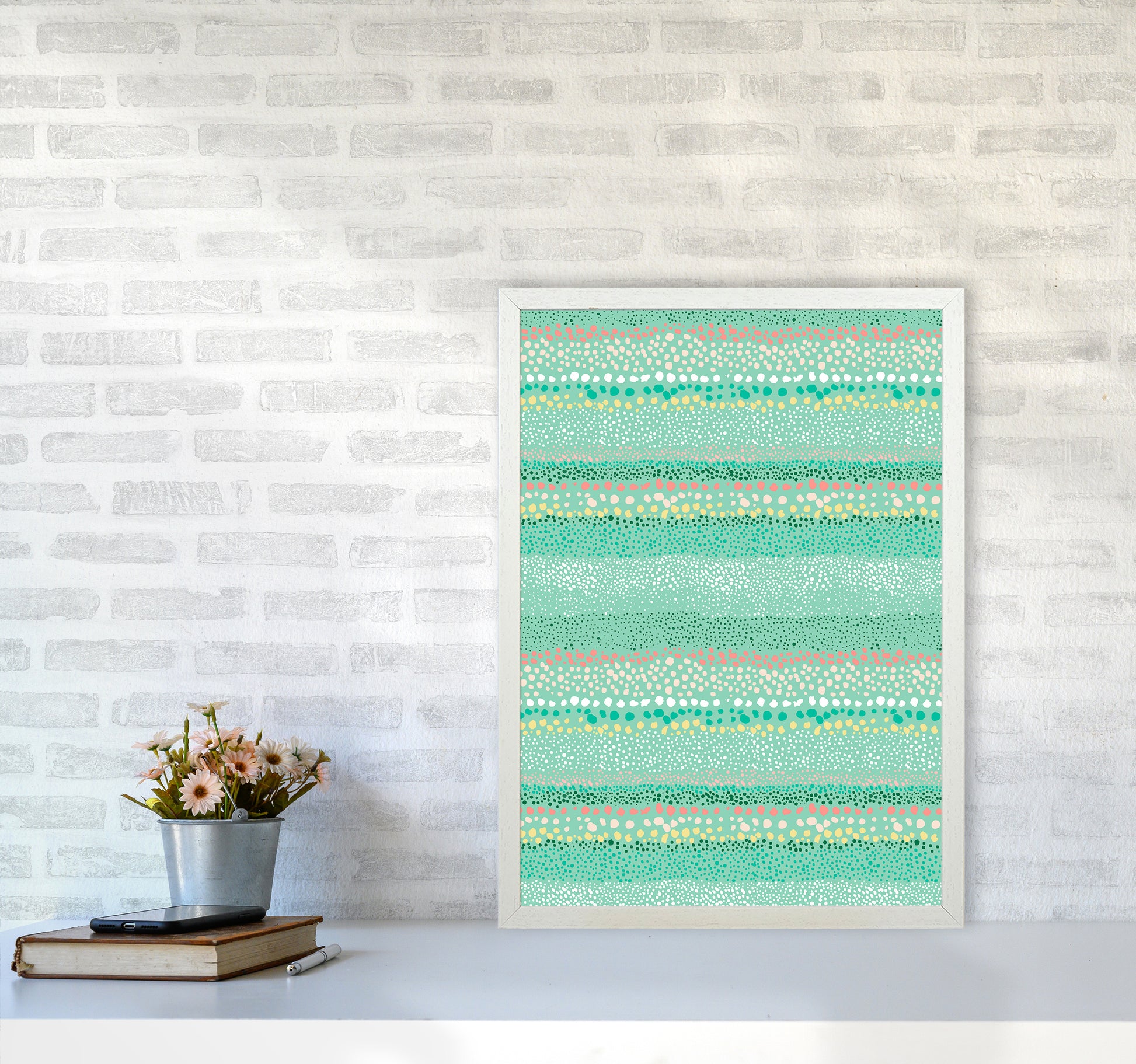 Little Textured Minimal Dots Green Abstract Art Print by Ninola Design A2 Oak Frame