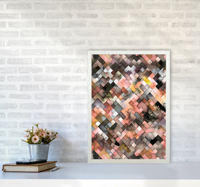 Moody Geometry Rustic Brown Abstract Art Print by Ninola Design A2 Oak Frame