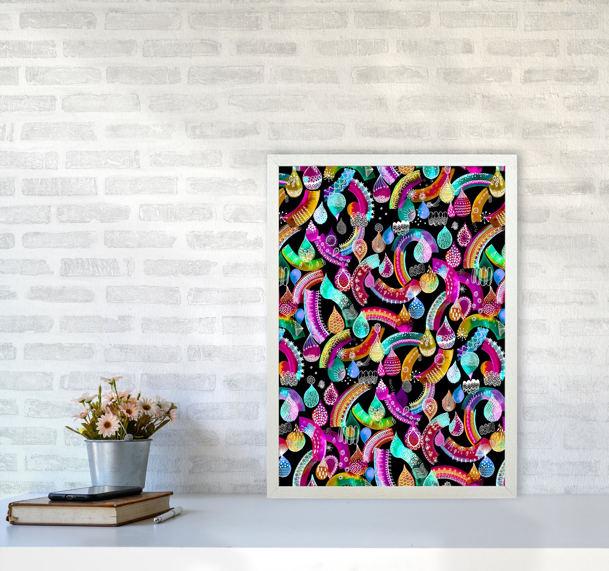 Rainbow Lace Neon Kids Abstract Art Print by Ninola Design A2 Oak Frame