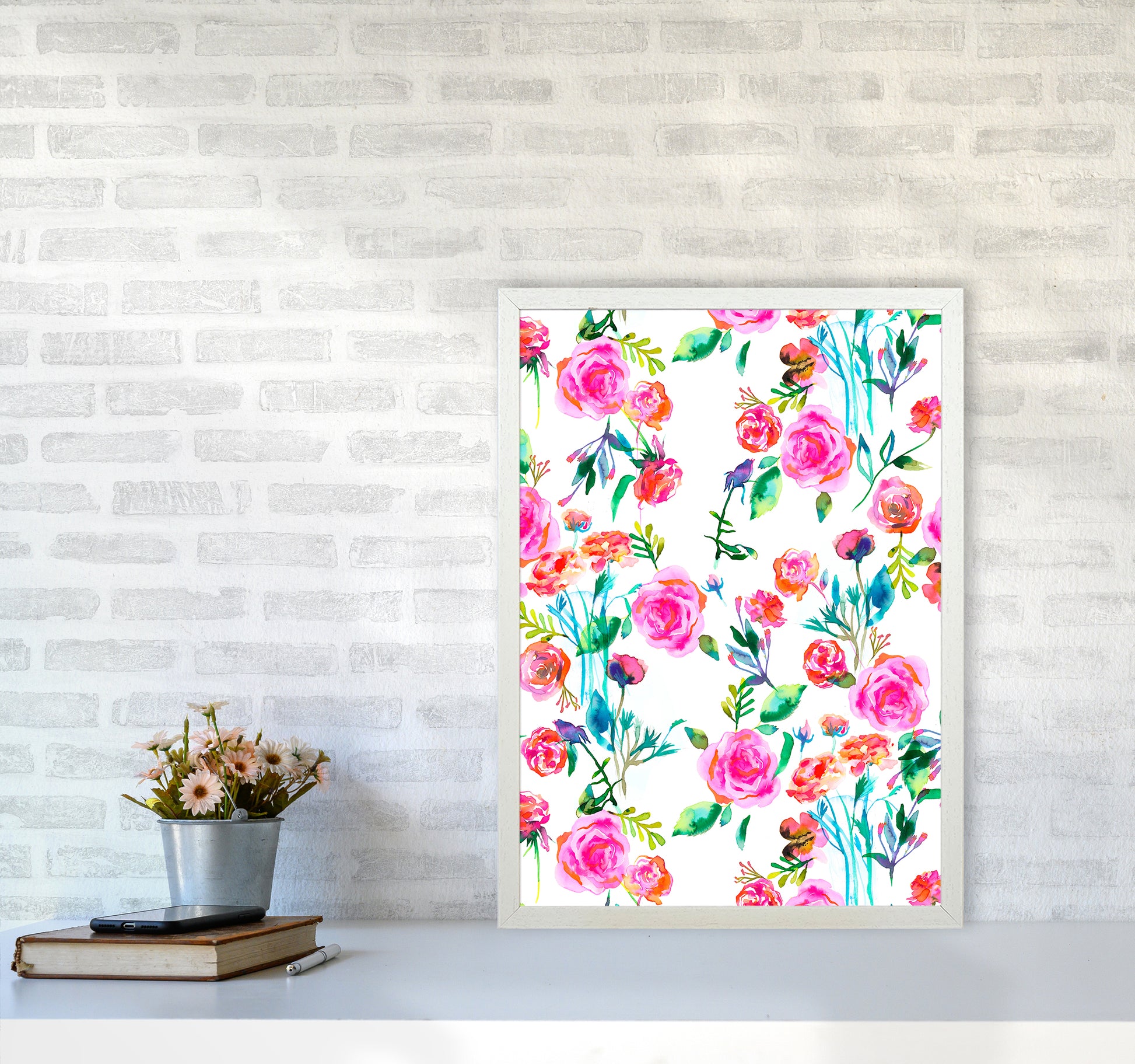 Roses Bouquet Pink Abstract Art Print by Ninola Design A2 Oak Frame