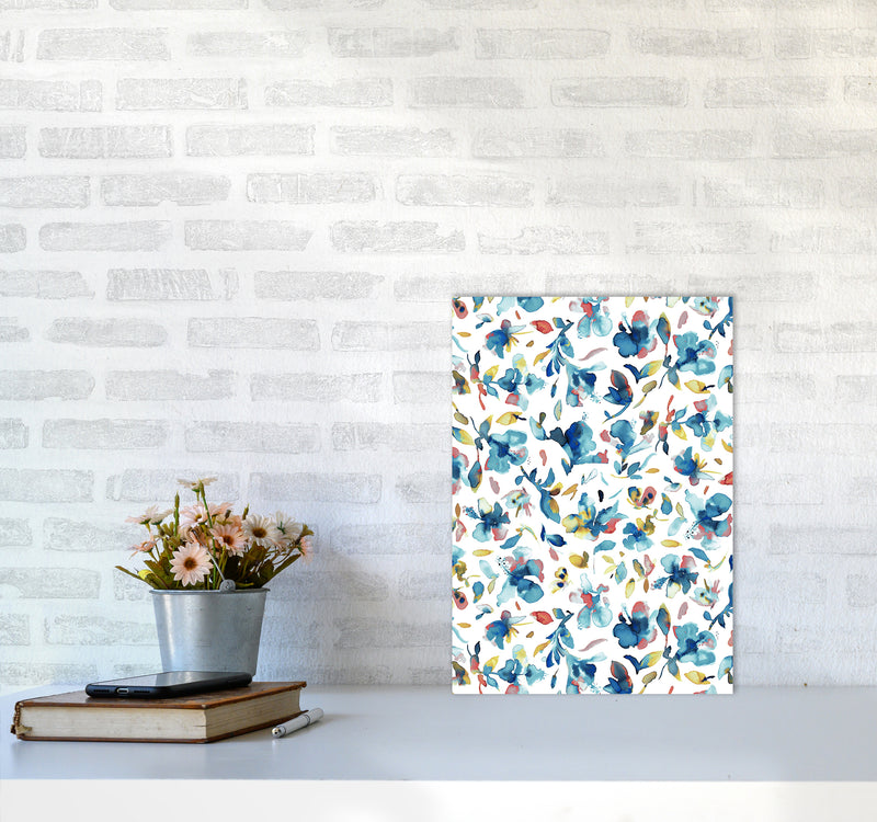 Watery Hibiscus Blue Gold Abstract Art Print by Ninola Design A3 Black Frame