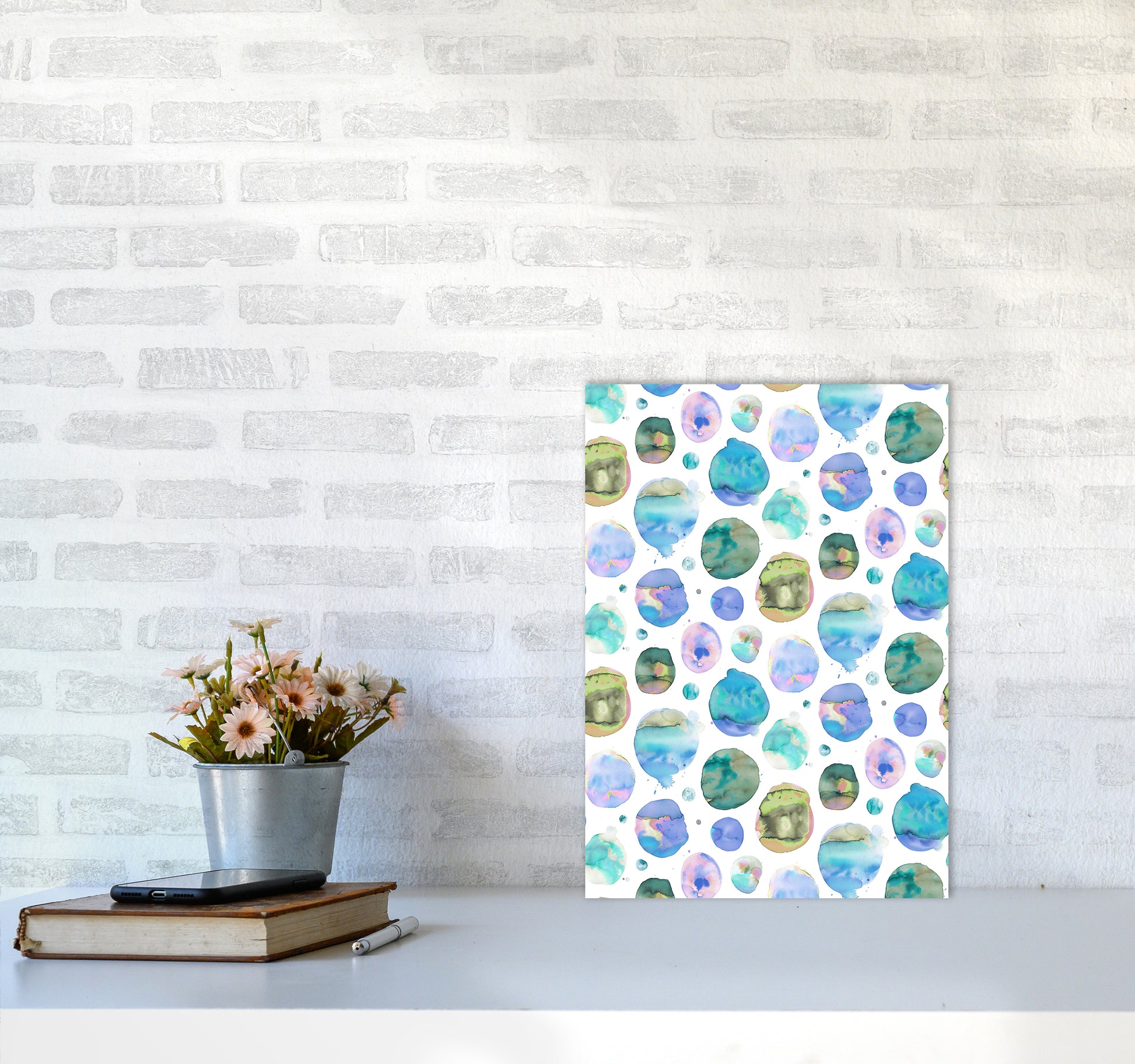 Big Watery Dots Blue Abstract Art Print by Ninola Design A3 Black Frame