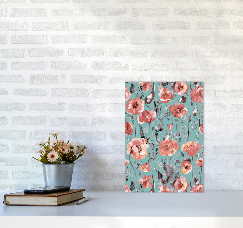 Poppies Red Green Abstract Art Print by Ninola Design A3 Black Frame