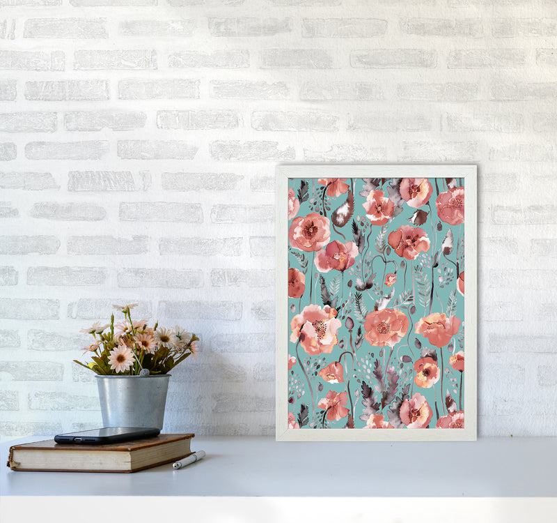 Poppies Red Green Abstract Art Print by Ninola Design A3 Oak Frame