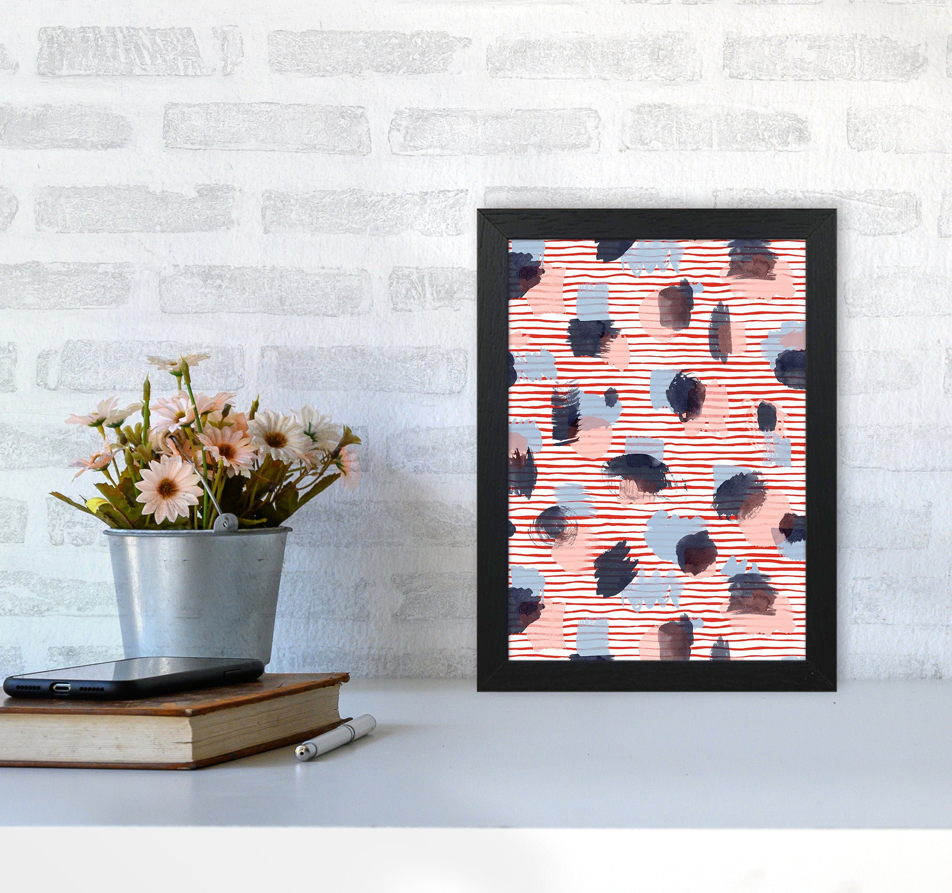 Watercolor Stains Stripes Red Abstract Art Print by Ninola Design A4 White Frame