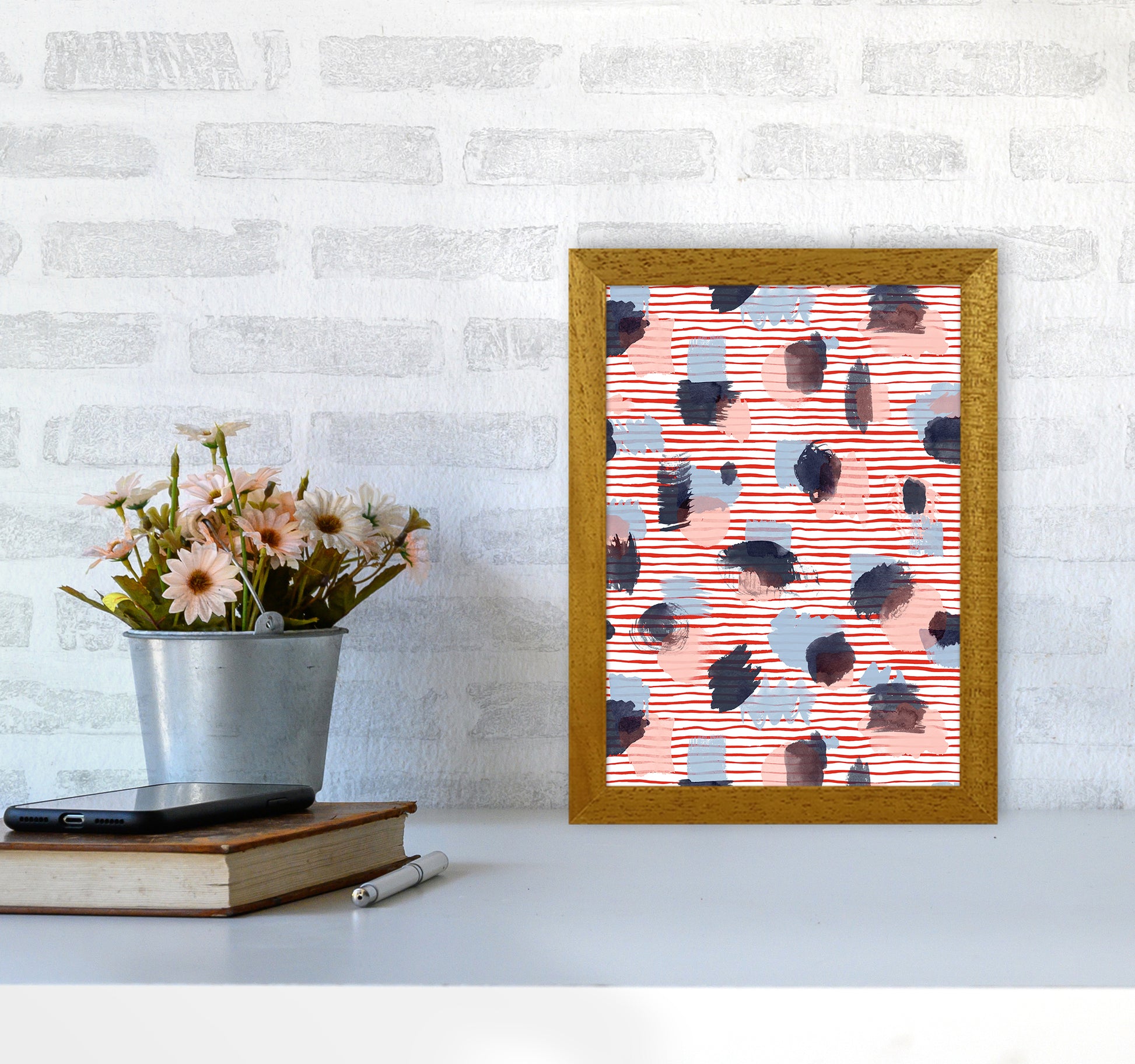 Watercolor Stains Stripes Red Abstract Art Print by Ninola Design A4 Print Only
