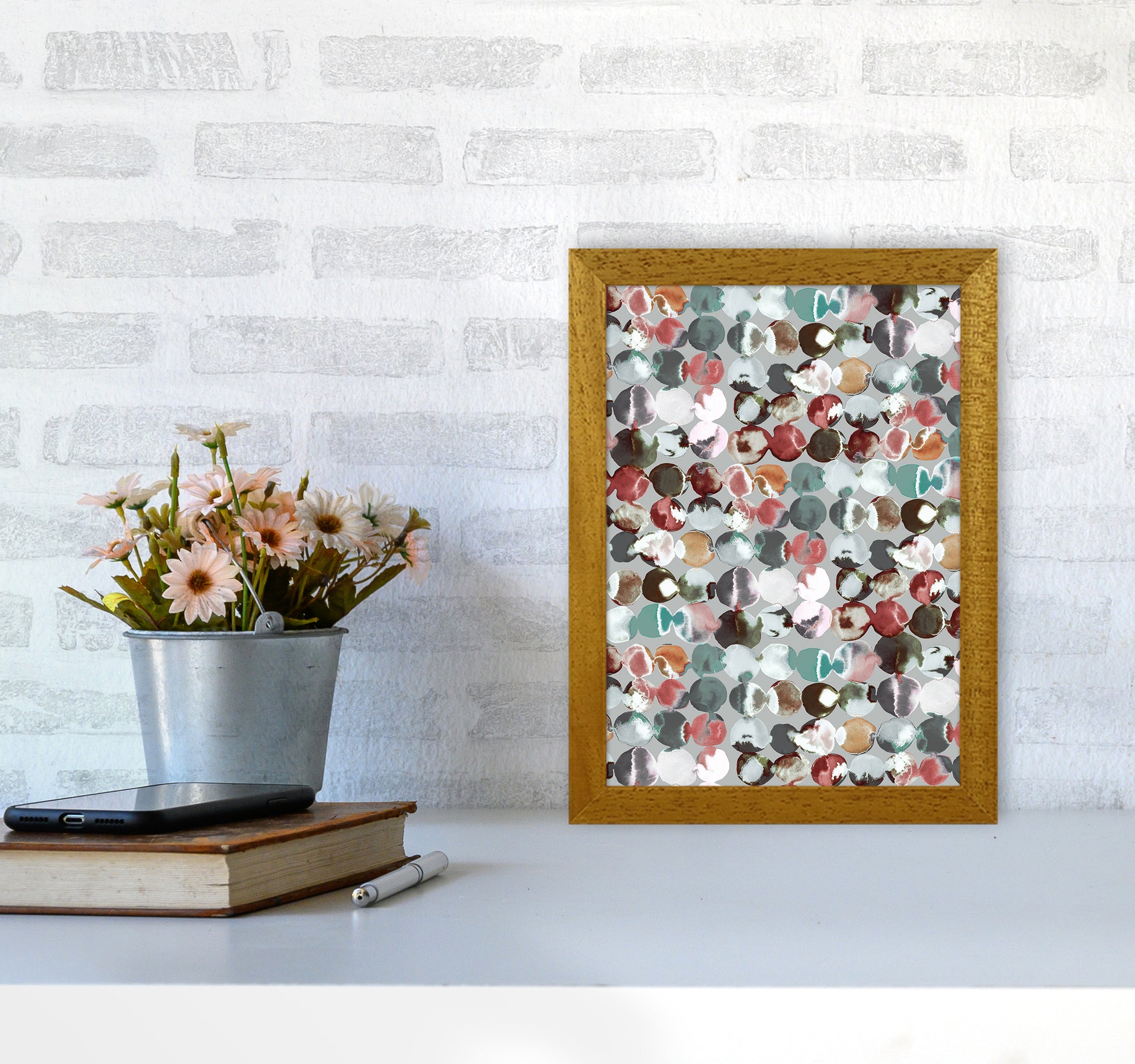 Ink Dots Gray Green Abstract Art Print by Ninola Design A4 Print Only