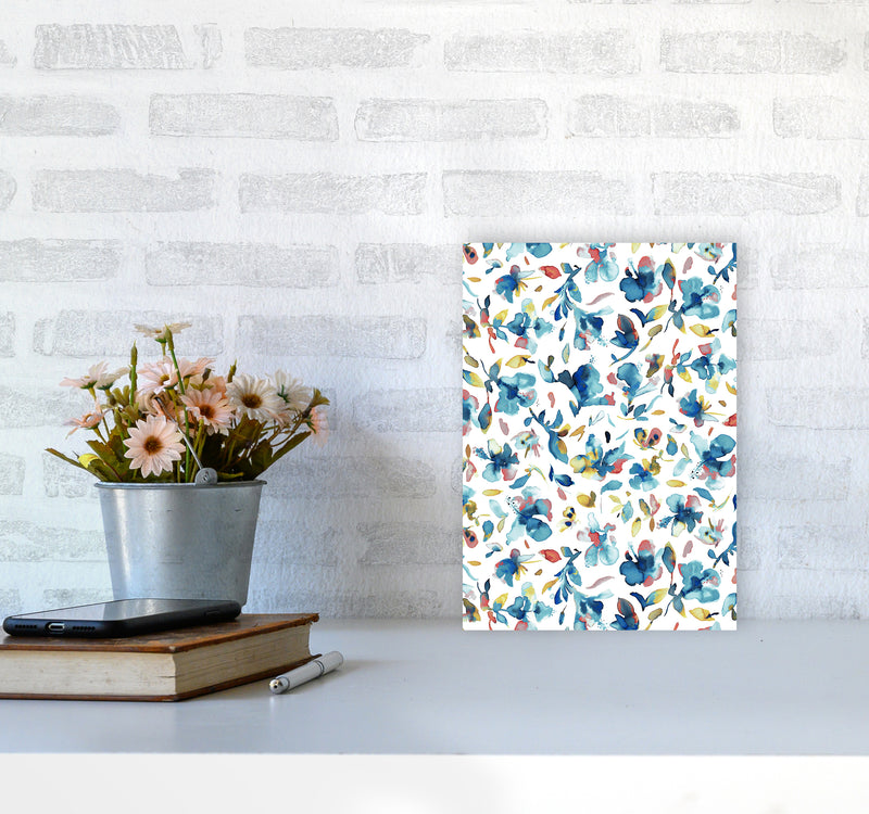 Watery Hibiscus Blue Gold Abstract Art Print by Ninola Design A4 Black Frame
