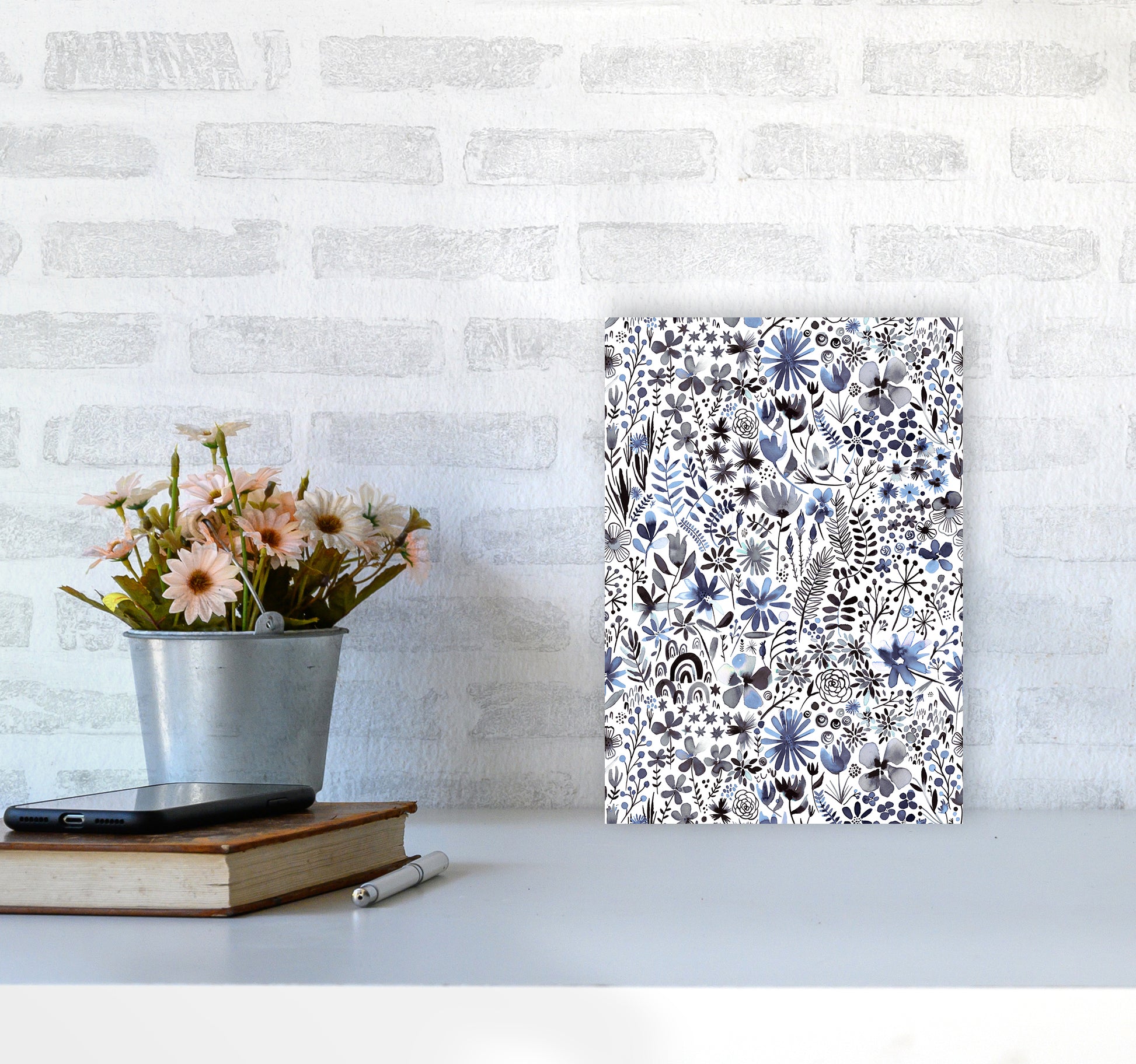 Winter Ink Flowers Abstract Art Print by Ninola Design A4 Black Frame