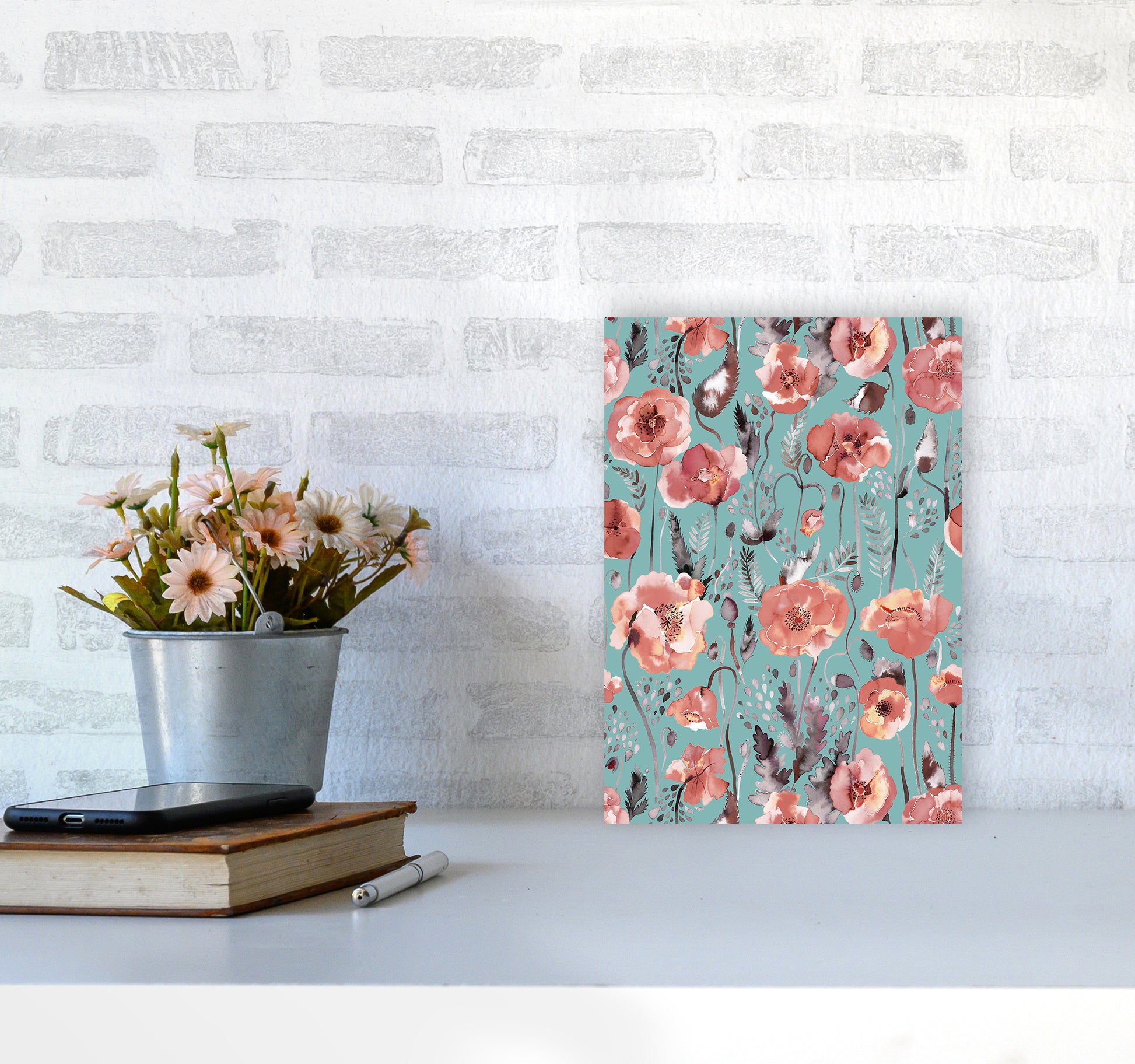 Poppies Red Green Abstract Art Print by Ninola Design A4 Black Frame