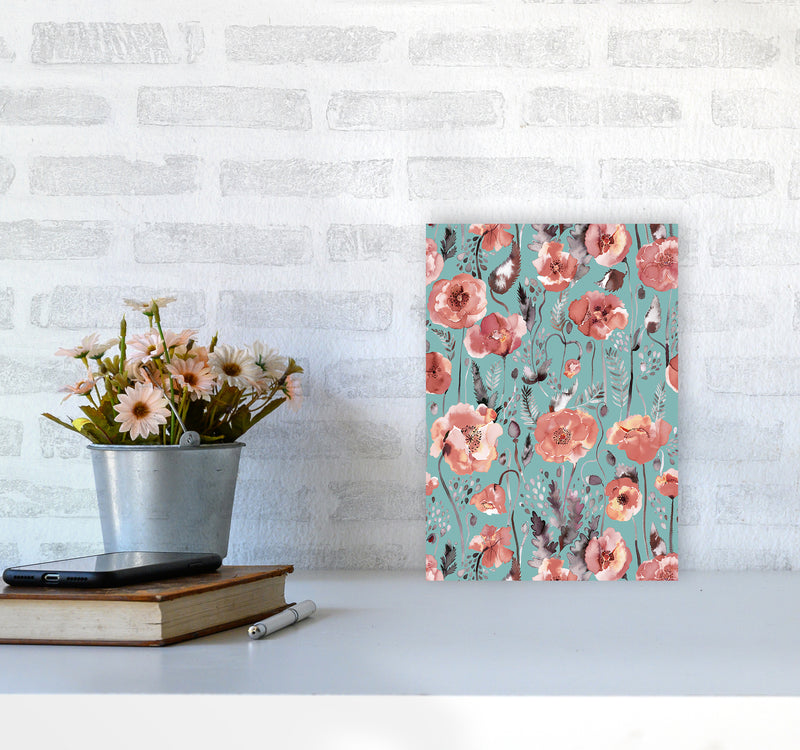 Poppies Red Green Abstract Art Print by Ninola Design A4 Black Frame