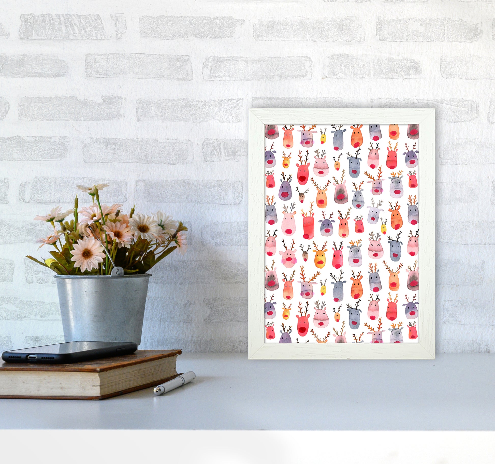 Cute Winter Reindeers Kids Abstract Art Print by Ninola Design A4 Oak Frame